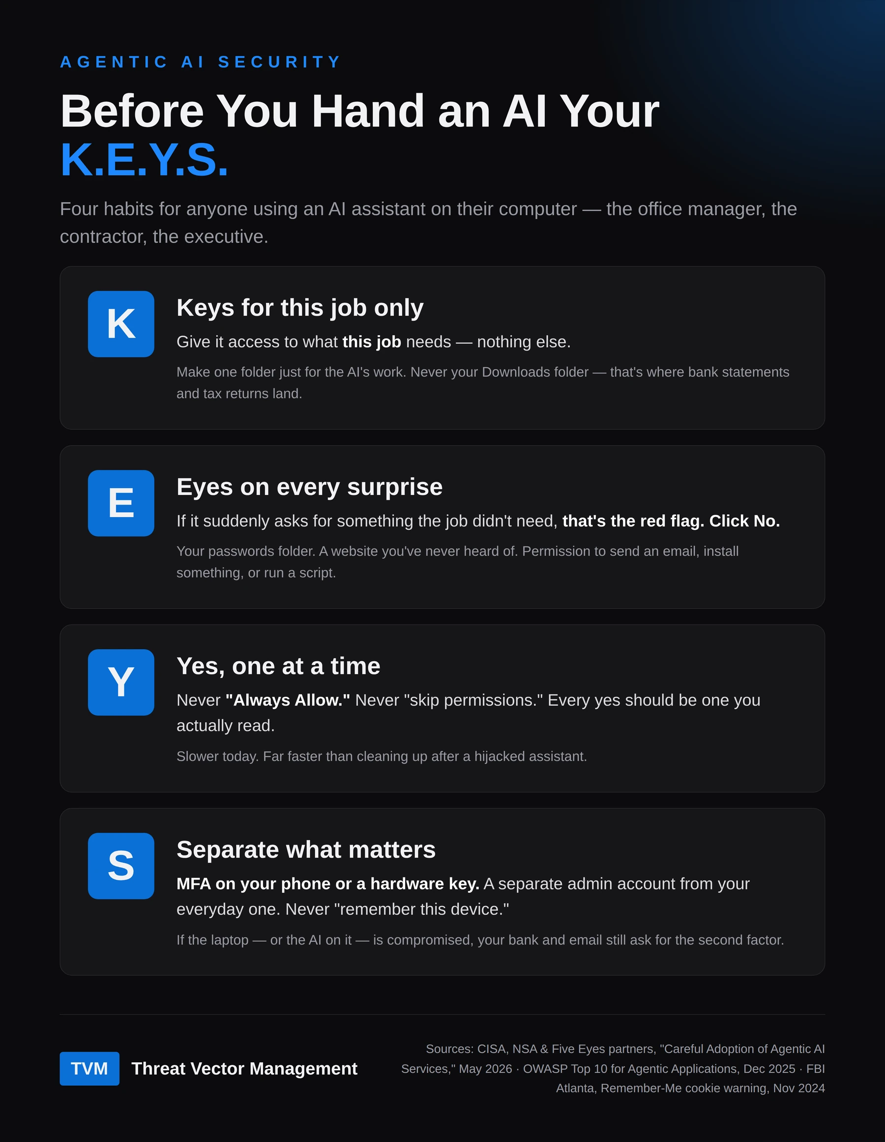 The K.E.Y.S. habits: Keys for this job only, Eyes on every surprise, Yes one at a time, Separate what matters